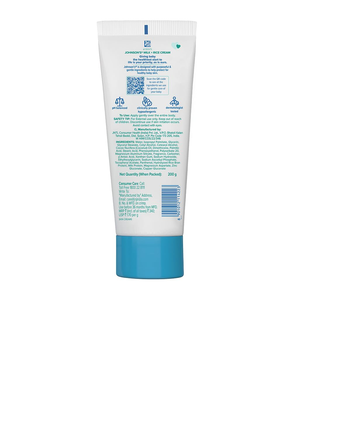 Johnson's Milk + Rice Cream, with Milk extracts and Vitamin E to Replenish Moisture, pH Balanced,-2